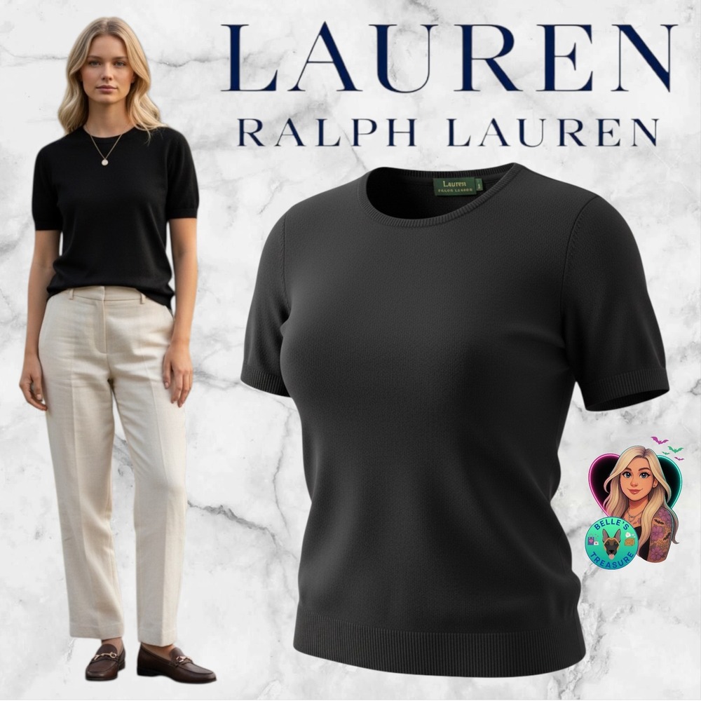Ralph Lauren LRL Black 100% Cashmere Short Sleeve Crew Neck Sweater Ribbed Large